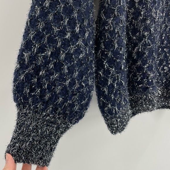 RAGA XS Eyelash Sweater Navy Silver Metallic Balloon Sleeve Oversized - Picture 9 of 10